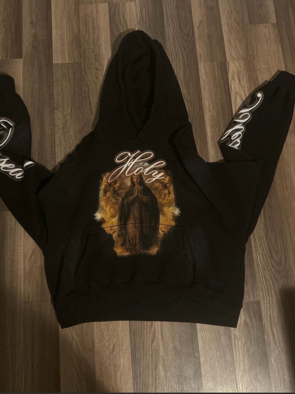 Black Graphic Hoodie Sweatshirt with 'Holy' Front Print